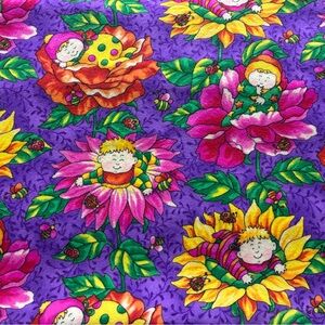 Colorful Floral Fabric with Playful Characters